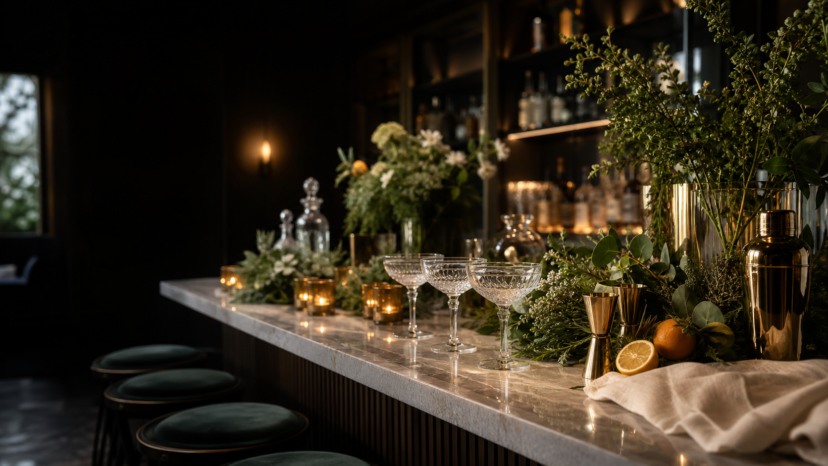 Elegant botanical cocktail bar set for an evening event.